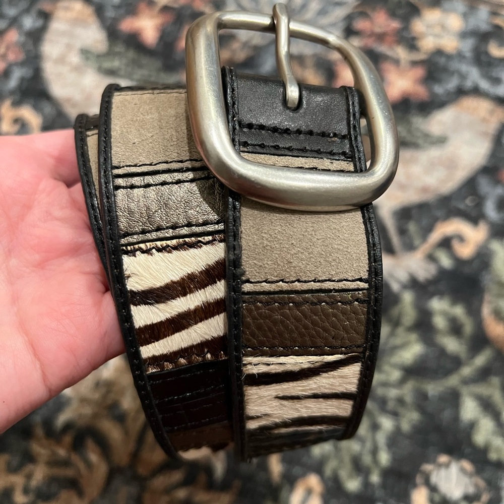 Fossil Black Brown Grey Animal Print Genuine Leather Belt Size M